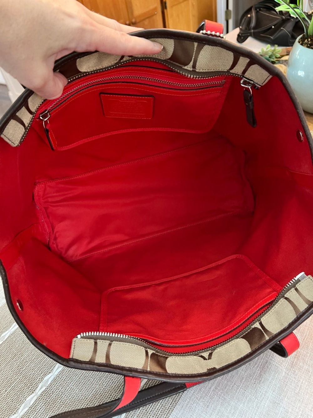 Coach Brown Signature Canvas Tote with Red and White Center Stripe - Picture 5 of 14